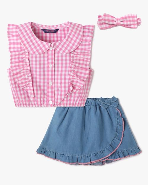 Girls Checked Top & Skorts with Headband