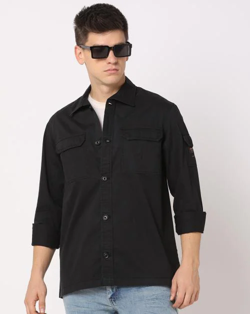 Men Slim Fit Shacket with Flap Pockets