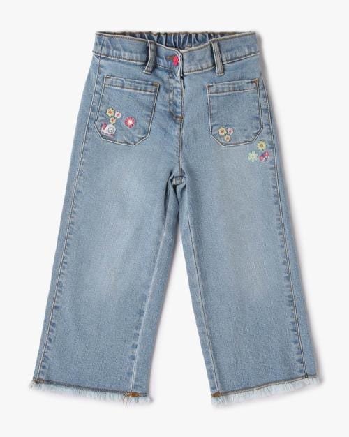 Floral Embroidered Mid-Wash Wide-Leg Jeans