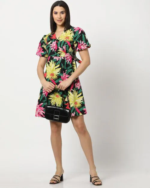 Women Floral Print Wrap Dress