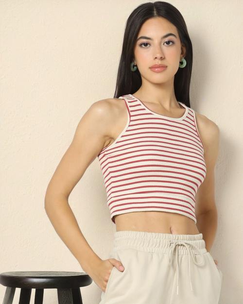 Women Striped Round-Neck Fitted Crop Top