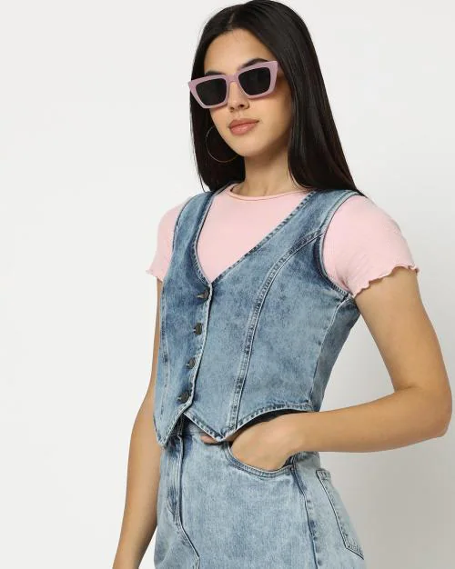 Women Lightly Washed Denim Waistcoat