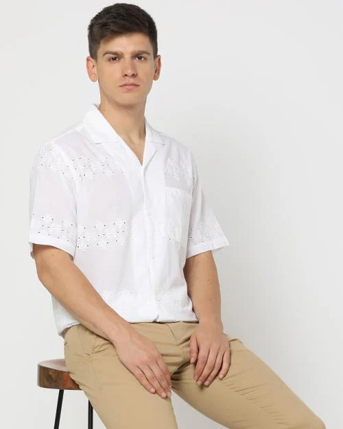 Men Schiffli Embroidered Shirt with Patch Pocket