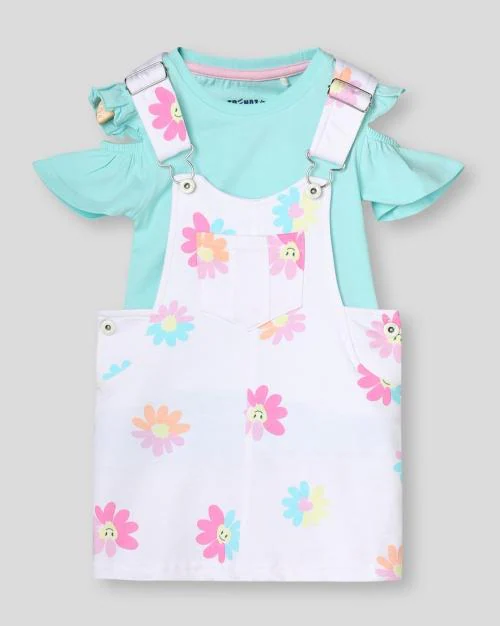 Girls Floral Print Dungaree & Cold-Shoulder Top Set