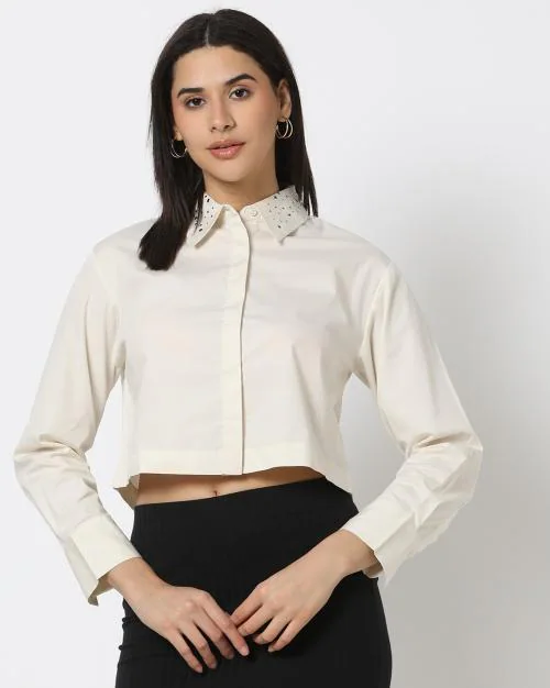 Women Regular Fit Shirt with Embellished Spread Collar