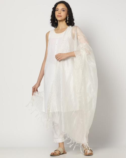 Women Striped Dupatta with Tassels