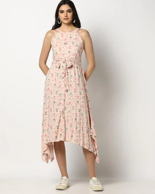 Women Printed Handkerchief Dress with Belt