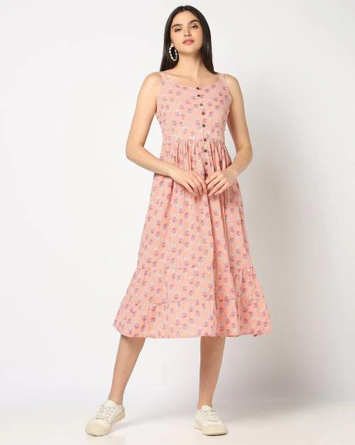 Women Floral Print Midi Flounce Dress