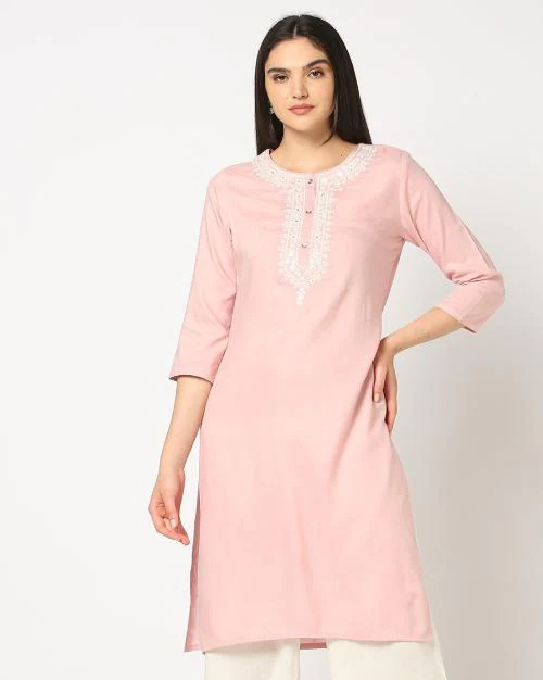 Women Embroidered Placket Straight Kurta