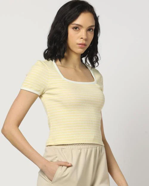 Women Ribbed Fitted Square-Neck T-Shirt