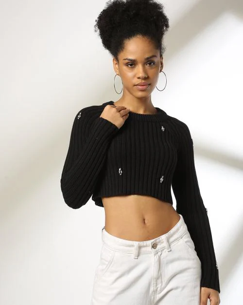 Women Embellished Fitted Crop Pullover