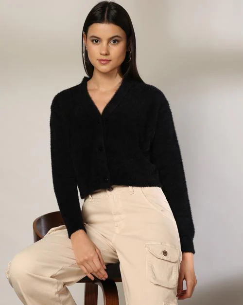 Women V-Neck Fitted Cropped Cardigan