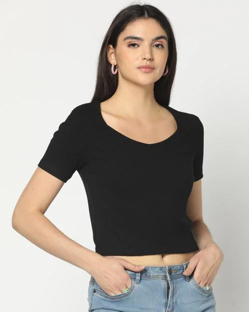 Women Ribbed Loose Fit Crop Top