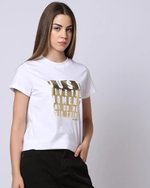 Women Typographic Print Regular Fit Crew-Neck T-Shirt