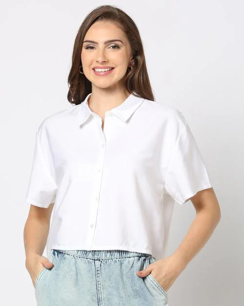 Women Boxy Fit Shirt with Spread Collar