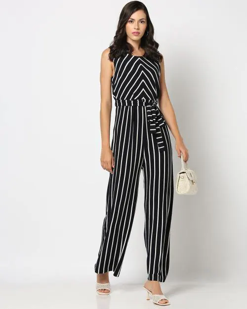 Women Striped Jumpsuit with Tie-Up Belt