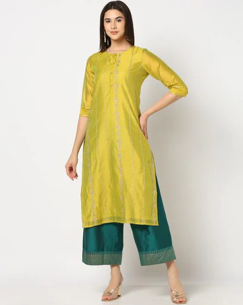 Women Embroidered Straight Kurta with Palazzos