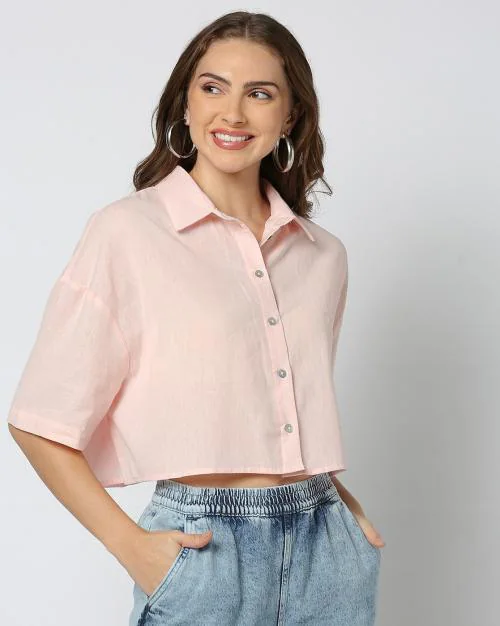 Women Loose Fit Crop Shirt with Spread Collar