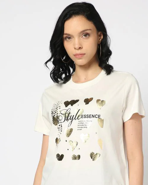 Women Foil Print Boxy Fit Round-Neck T-Shirt