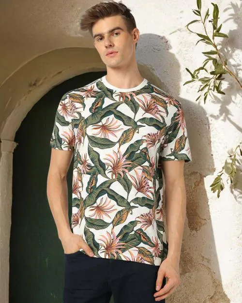 Men Floral Print Regular Fit Crew-Neck T-Shirt