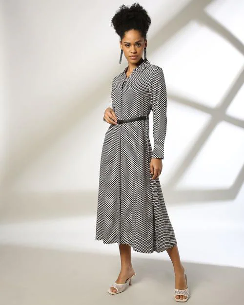 Women Geometric Print Shirt Dress with Belt