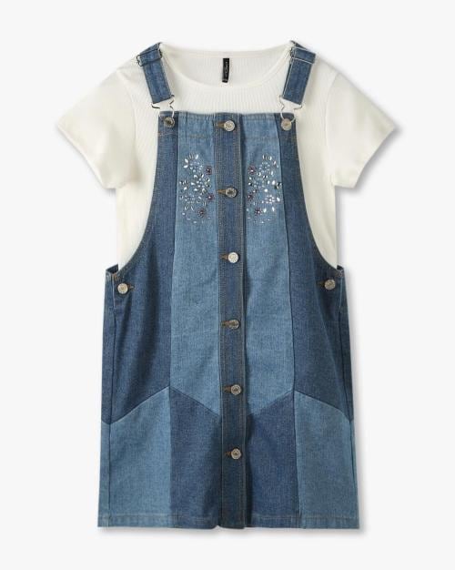 Girls Embroidered Relaxed Fit Square-Neck Dungarees