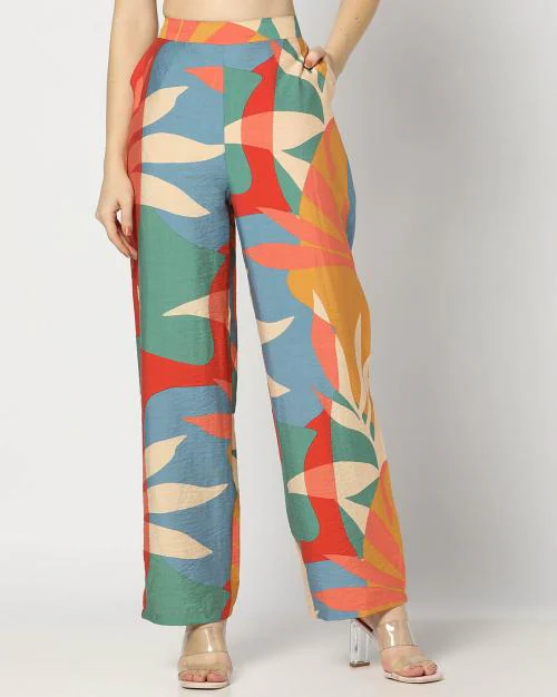 Women Leaf Print High-Rise Relaxed Fit Pants