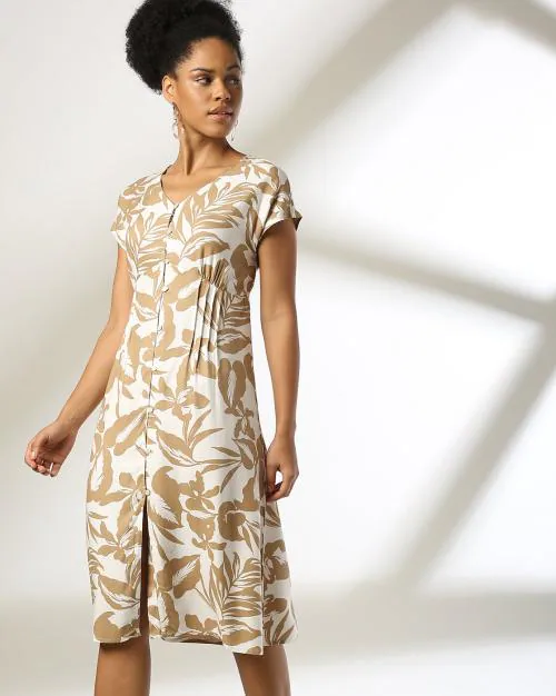 Women Leaf Print A-Line Dress