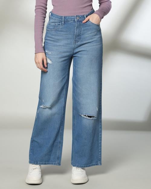 Women Lightly Washed Distressed Wide-Leg Mid-Rise Jeans