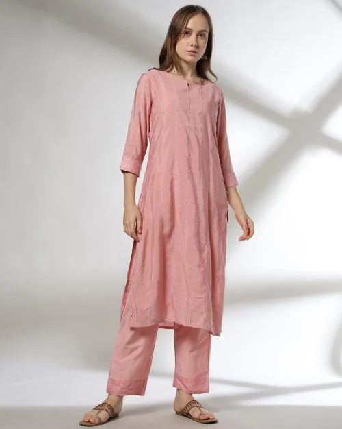 Women Sequinned Straight Kurta with Pants