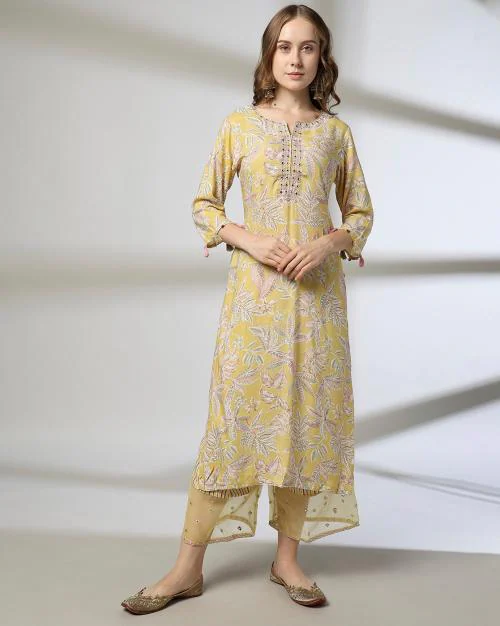 Women Leaf Print Straight Kurta & Palazzo Set
