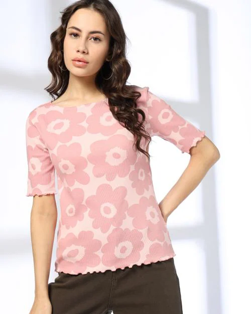 Women Floral Print Regular Fit Boat-Neck T-Shirt