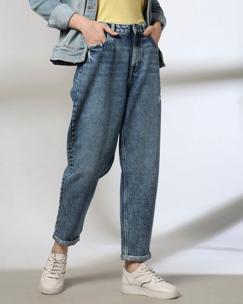Women Lightly Washed Distressed Mom Jeans