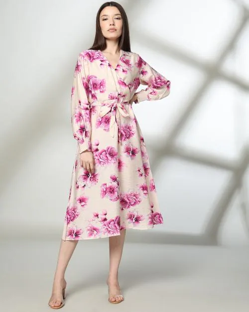 Women Floral Print Wrap Dress