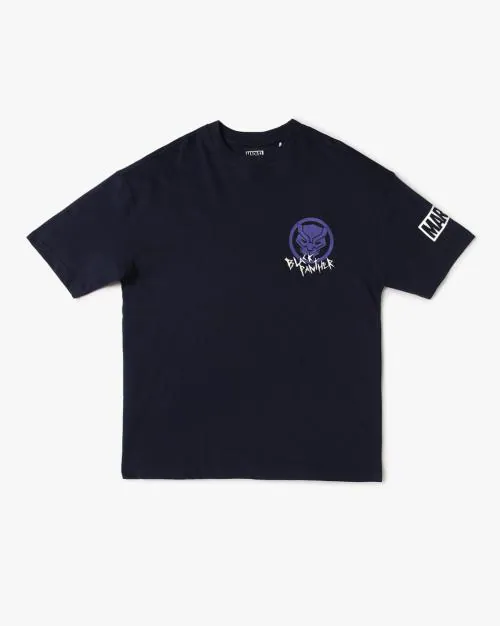 Boys Black Panther Print Oversized Fit Round-Neck T-Shirt