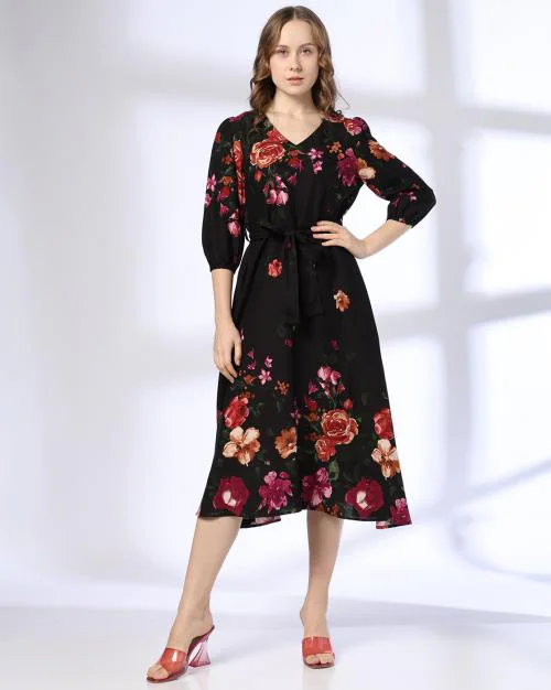 Women Floral Print Fit & Flare Dress with Tie-Up Belt