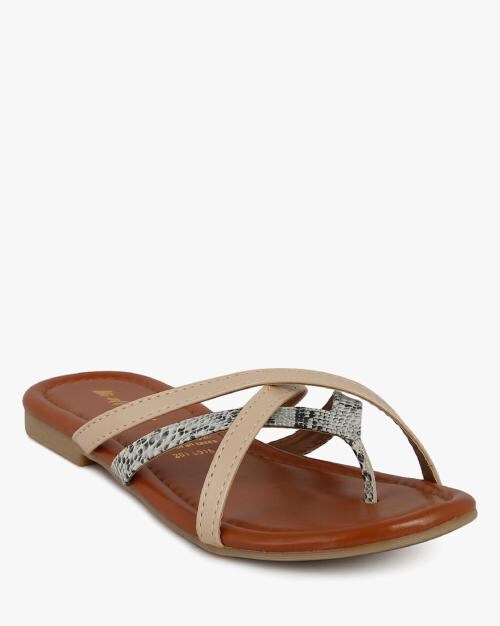 Snakeskin Print Thong-Strap Flat Sandals