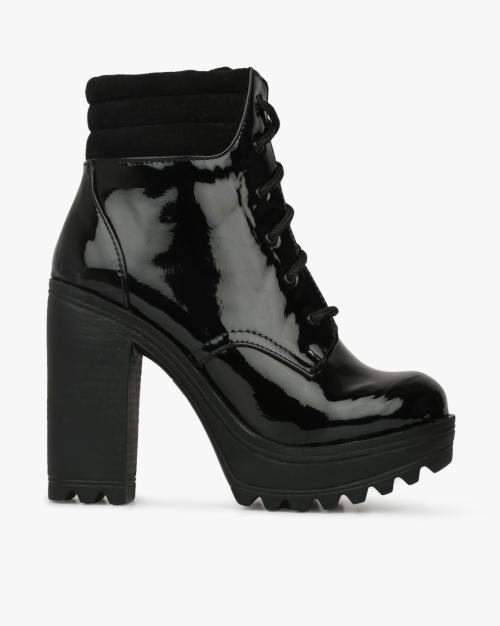 Panelled Mid-Calf Lace-Up Boots