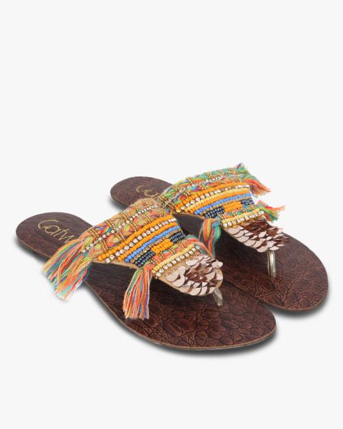 Beaded Flat Sandals with Tassels