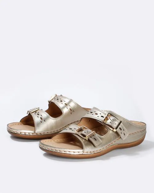 Textured Strappy Slip-On Sandals with Buckle Closure