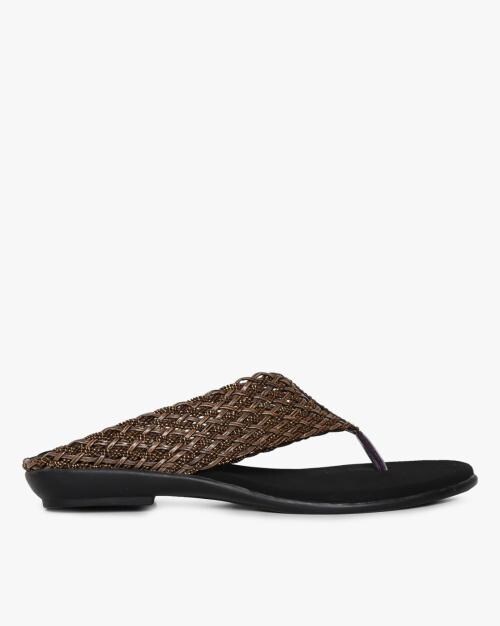 Embellished Basket-Weave Thong-Style Slippers