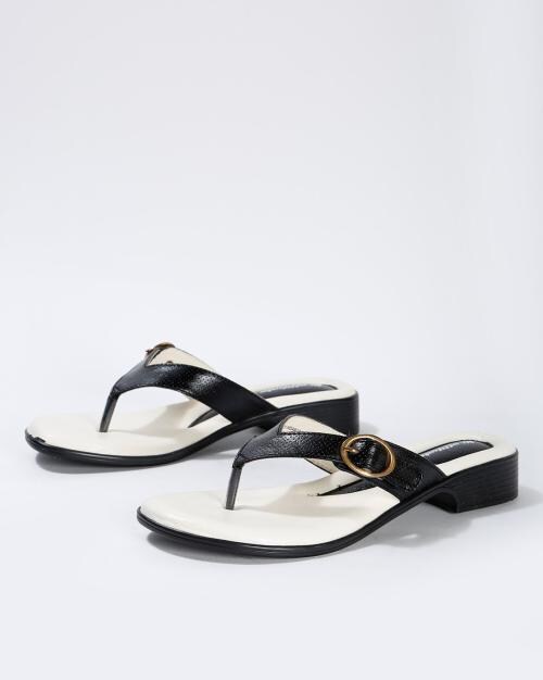 Textured Thong-Stap Sandals with Buckle Closure