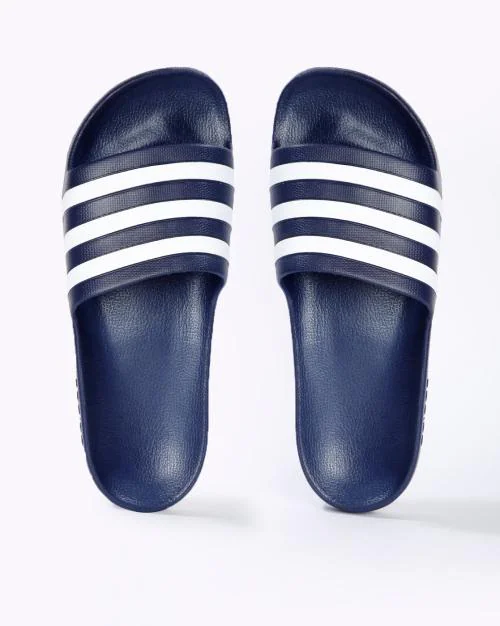 Adilette Aqua Striped Sliders with Signature Branding