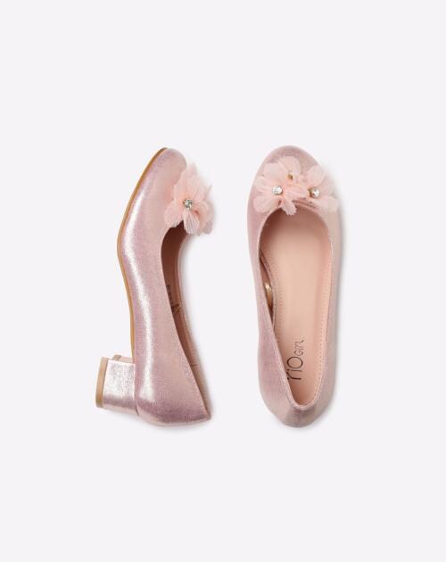 Block-Heeled Ballerinas with Floral Applique