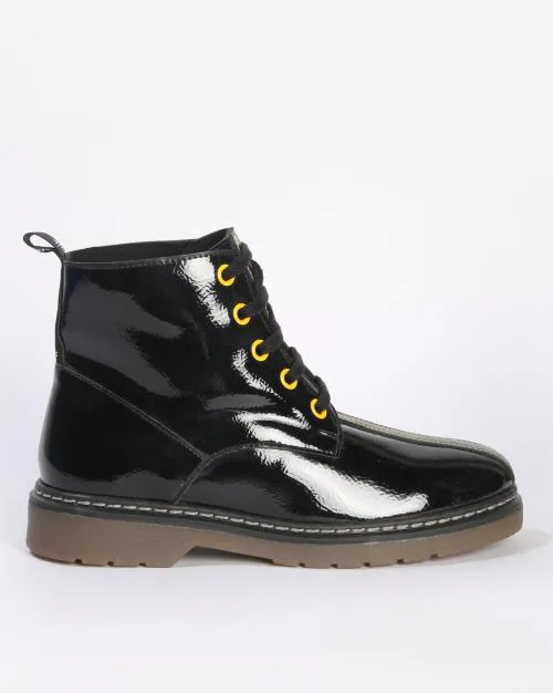 Panelled Patent Lace-Up Ankle-Length Boots
