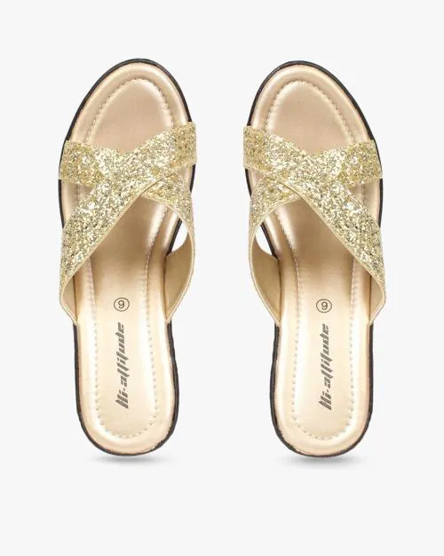 Shimmery Strappy Slip-On Wedges