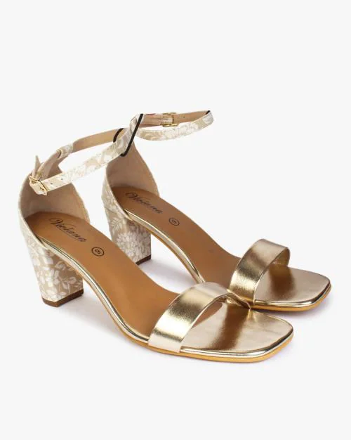 Floral Print Blocked Heels with Ankle-Strap