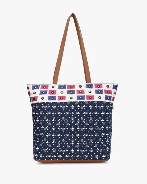 Polka-Dot Print Tote Bag with Contrast Panel