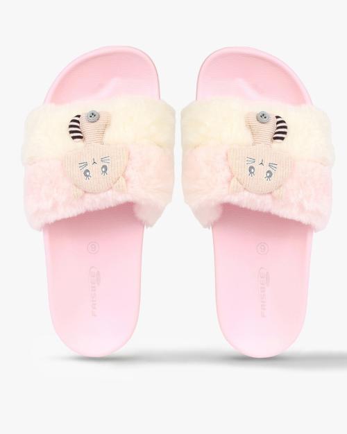 Slides with Faux-Fur Strap
