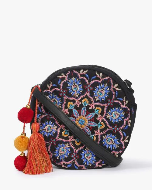 Embroidered Sling Bag with Tassels